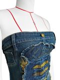 Embroidered Denim Imitation Skirt Top with Patchwork