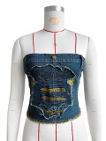 Embroidered Denim Imitation Skirt Top with Patchwork