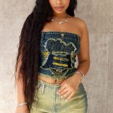 Embroidered Denim Imitation Skirt Top with Patchwork