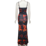 V-neck Strap Backless Printed Slim Fit Dress
