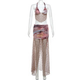 Sleeveless Lace Up Neck Hanging Hollow Navel Exposed Skirt Set