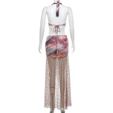 Sleeveless Lace Up Neck Hanging Hollow Navel Exposed Skirt Set