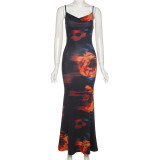 V-neck Strap Backless Printed Slim Fit Dress