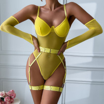 Underwear Mesh Strap Splicing with Gloves Suspenders Jumpsuit Set
