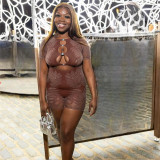 Solid Color Round Neck Five Quarter Sleeved Hollow Out Knit Jumpsuit Shorts