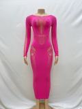 Solid Color Round Neck Hollowed Out Long Sleeved Integrated Knitted Buttock Wrap Dress