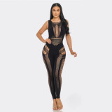 Solid Color Round Neck Sleeveless Sexy Slim Fit Hollow Out Knit Jumpsuit