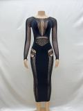 Solid Color Round Neck Hollowed Out Long Sleeved Integrated Knitted Buttock Wrap Dress