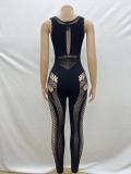 Solid Color Round Neck Sleeveless Sexy Slim Fit Hollow Out Knit Jumpsuit