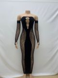 Solid Color One Line Neckline Sleeveless Hollowed Out Knitted Buttock Wrap Dress