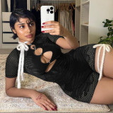 Solid Color Round Neck Five Quarter Sleeved Hollow Out Knit Jumpsuit Shorts