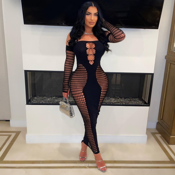 Solid Color One Line Neckline Sleeveless Hollowed Out Knitted Buttock Wrap Dress