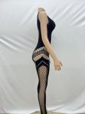 Solid Color Round Neck Sleeveless Sexy Slim Fit Hollow Out Knit Jumpsuit