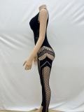 Solid Color Round Neck Sleeveless Sexy Slim Fit Hollow Out Knit Jumpsuit