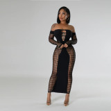 Solid Color One Line Neckline Sleeveless Hollowed Out Knitted Buttock Wrap Dress