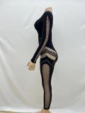 Solid Color Round Neck Hollowed Out Long Sleeved Integrated Knitted Buttock Wrap Dress