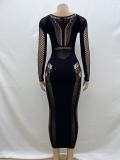 Solid Color Round Neck Hollowed Out Long Sleeved Integrated Knitted Buttock Wrap Dress