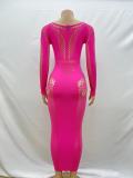 Solid Color Round Neck Hollowed Out Long Sleeved Integrated Knitted Buttock Wrap Dress