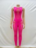 Solid Color Round Neck Sleeveless Sexy Slim Fit Hollow Out Knit Jumpsuit