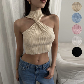 Crossed Off Shoulder Woolen Knitted Clear Color Tank Top