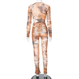 Mesh Printed Round Neck Long Sleeved Top Casual Pants Two-piece Set