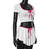 Contrast Color Tie Square Neck Short Sleeved Top Elastic Short Skirt Two-piece Set