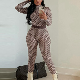 Round Neck Long Sleeved Long Pants Fitness Jumpsuit
