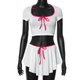 Contrast Color Tie Square Neck Short Sleeved Top Elastic Short Skirt Two-piece Set