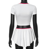 Contrast Color Tie Square Neck Short Sleeved Top Elastic Short Skirt Two-piece Set