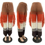Knitted Color Blocking Hand Hook Tassel Loose Straight Leg Pants
