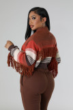 Knitted Hand Hook Color Patchwork Pocket Tassel Zippered Cardigan Jacket