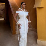 One Line Neckline Pleated High Waisted Slim Fit Wrap Hip Dress