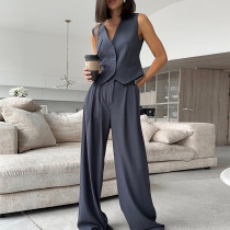 V-neck Sleeveless Vest with Draped Wide Leg Trousers Casual Set