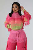 Knitted Hand Hook Color Patchwork Pocket Tassel Zippered Cardigan Jacket
