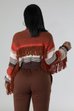 Knitted Hand Hook Color Patchwork Pocket Tassel Zippered Cardigan Jacket