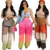 Knitted Color Blocking Hand Hook Tassel Loose Straight Leg Pants