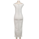 One Line Neckline Pleated High Waisted Slim Fit Wrap Hip Dress