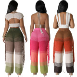Knitted Color Blocking Hand Hook Tassel Loose Straight Leg Pants
