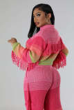 Knitted Hand Hook Color Patchwork Pocket Tassel Zippered Cardigan Jacket