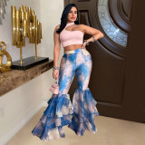 Printed Flared Pants with Ruffled Edges for Women's Pants