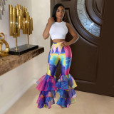 Printed Flared Pants with Ruffled Edges for Women's Pants