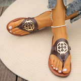 Round Toe Clip Toe Metal Buckle Herringbone Slippers