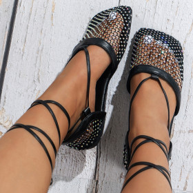 Mesh Ankle Strap Large-sized Colored Rhinestone Flat Sandals