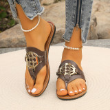 Round Toe Clip Toe Metal Buckle Herringbone Slippers