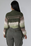 Knitted Hand Hook Color Patchwork Pocket Tassel Zippered Cardigan Jacket