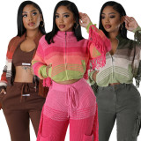 Knitted Hand Hook Color Patchwork Pocket Tassel Zippered Cardigan Jacket