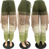 Knitted Color Blocking Hand Hook Tassel Loose Straight Leg Pants