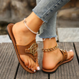 Round Toe Clip Toe Metal Buckle Herringbone Slippers
