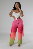 Knitted Color Blocking Hand Hook Tassel Loose Straight Leg Pants