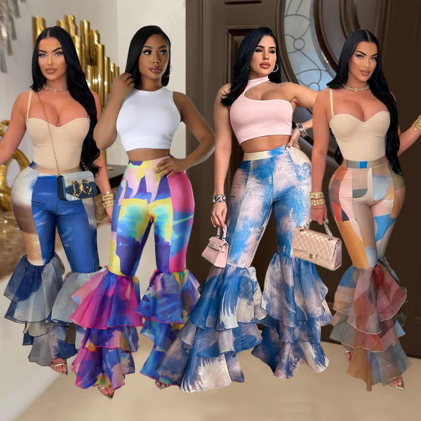 Printed Flared Pants with Ruffled Edges for Women's Pants